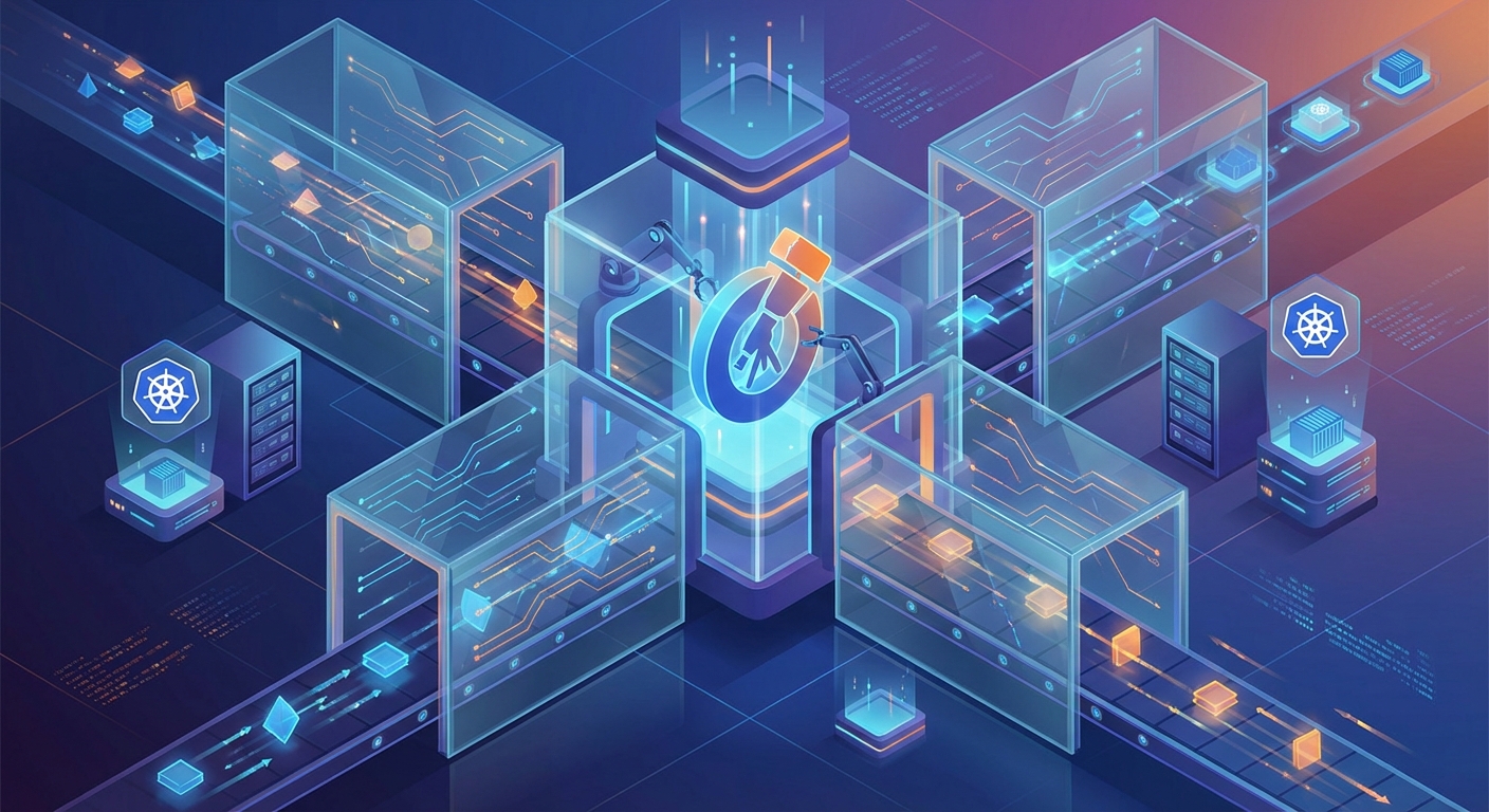 A conceptual 3D illustration of a custom OpenTelemetry Collector being assembled on a high-tech production line.