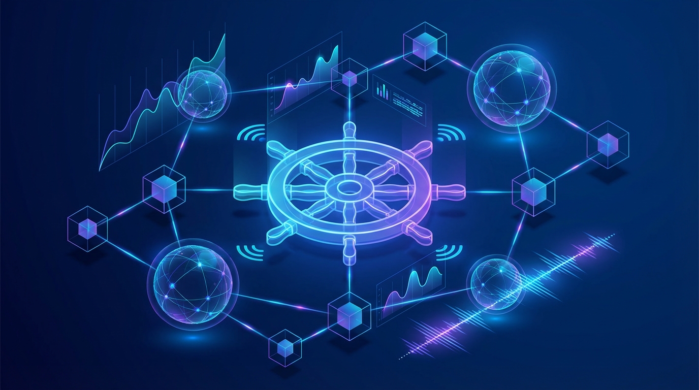 An abstract digital illustration of a Kubernetes steering wheel surrounded by glowing data streams and observability metrics.