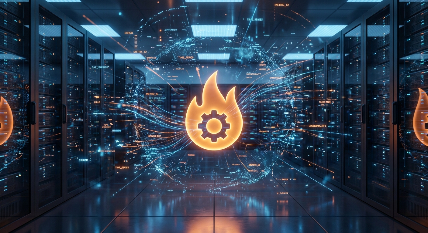 A conceptual 3D render of the Prometheus logo being overwhelmed by a dense cloud of data points in a server room.