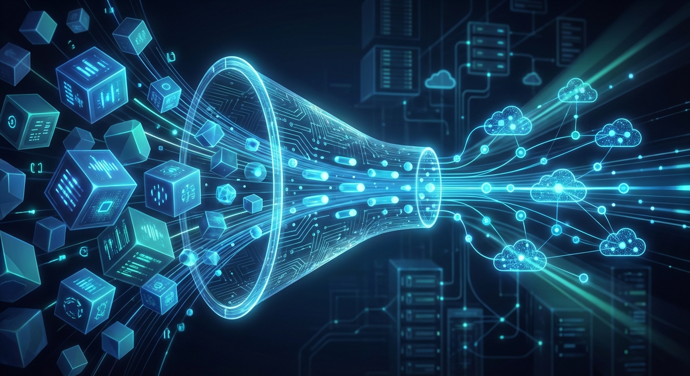 A conceptual visualization of data being filtered and optimized through a high-tech pipeline, representing LLM observability cost reduction.