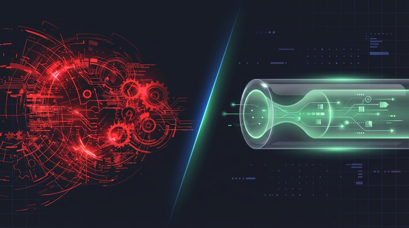 Conceptual visualization of optimizing data flow from high CPU overhead to efficient processing.