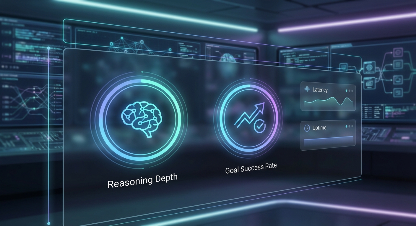 A futuristic monitoring dashboard focusing on AI reasoning metrics over traditional speed metrics.