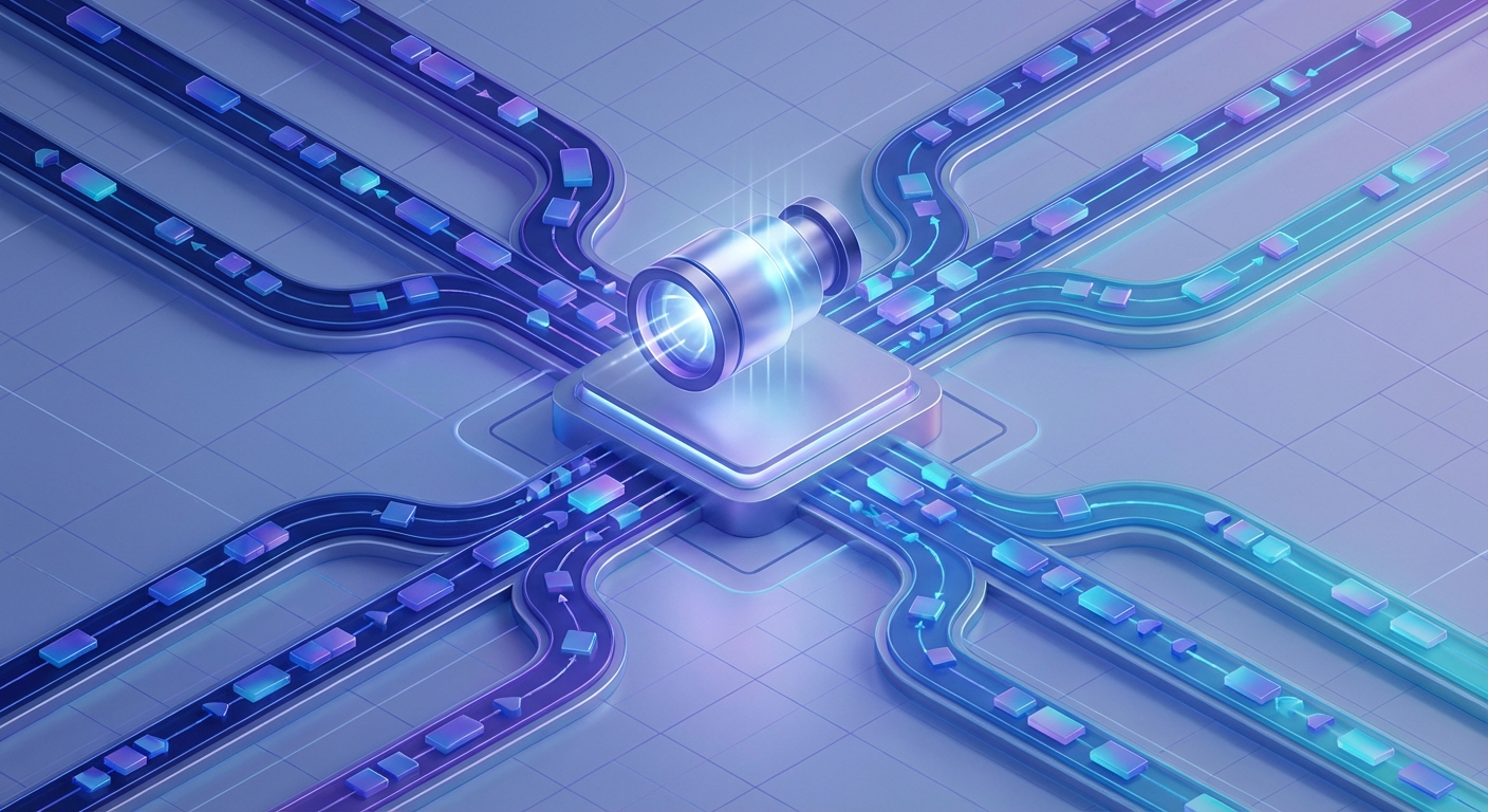 Conceptual 3D illustration of a digital telescope organizing complex data streams, representing OpenTelemetry at scale.